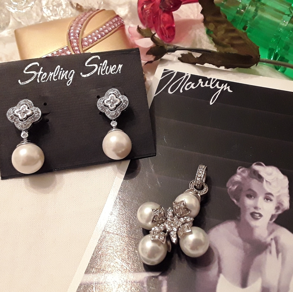 VTG 925 STERLING PEARL & CZ PENDANT & EARRINGS